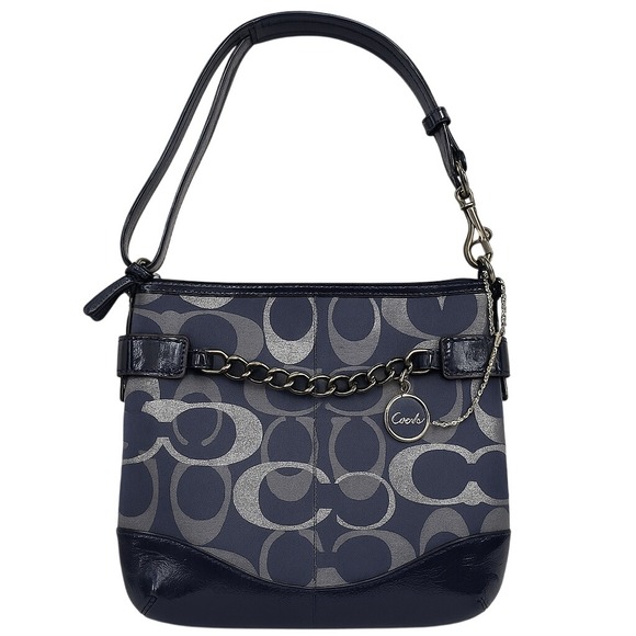 Auth. Coach F19820 Tote Bag Navy Moto Optic Metallic Chain Jacquard Leather Trim - Picture 1 of 8